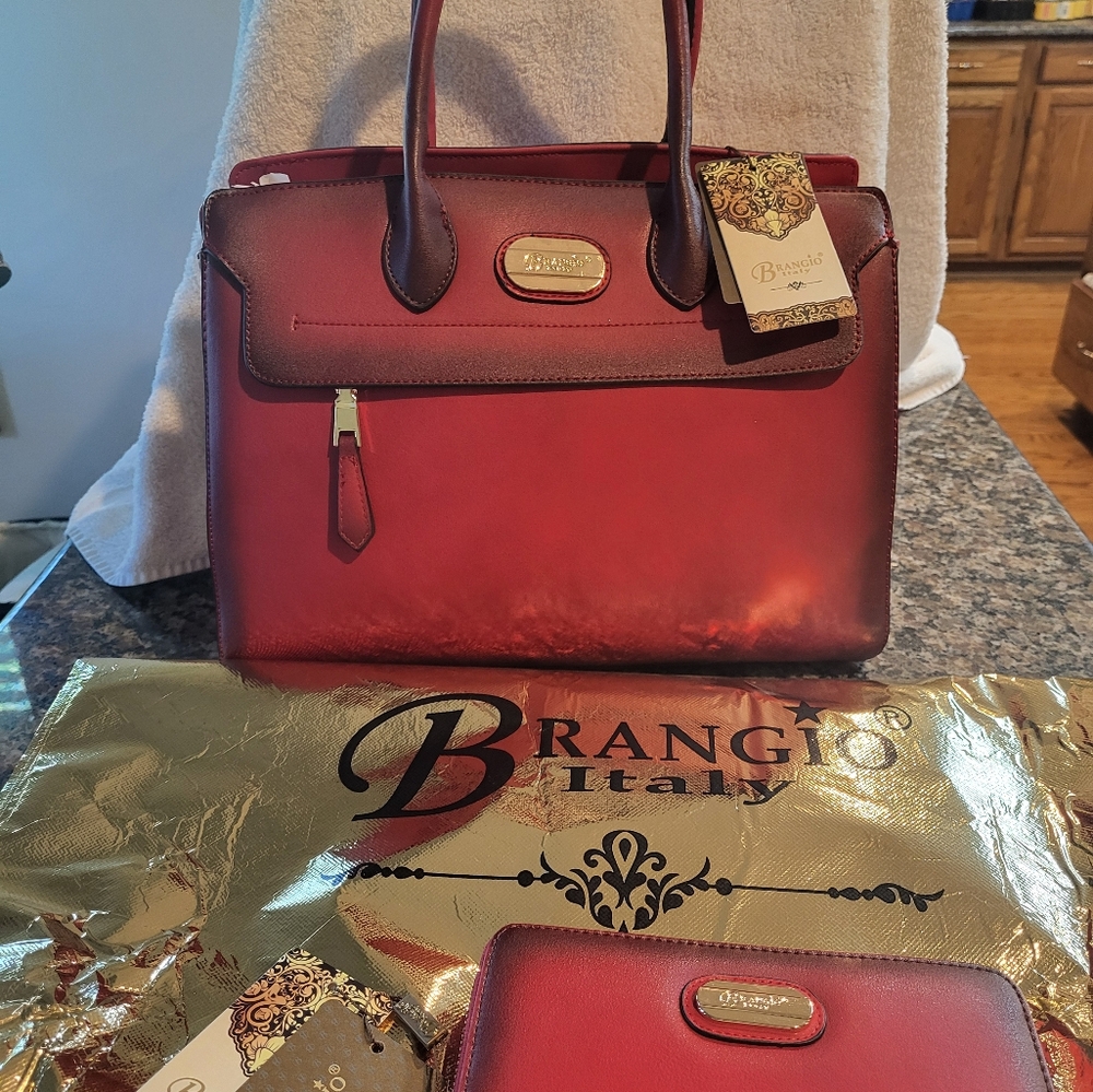 Brangio red purse matching wallet both new w tags and dust bag w shoulder strap